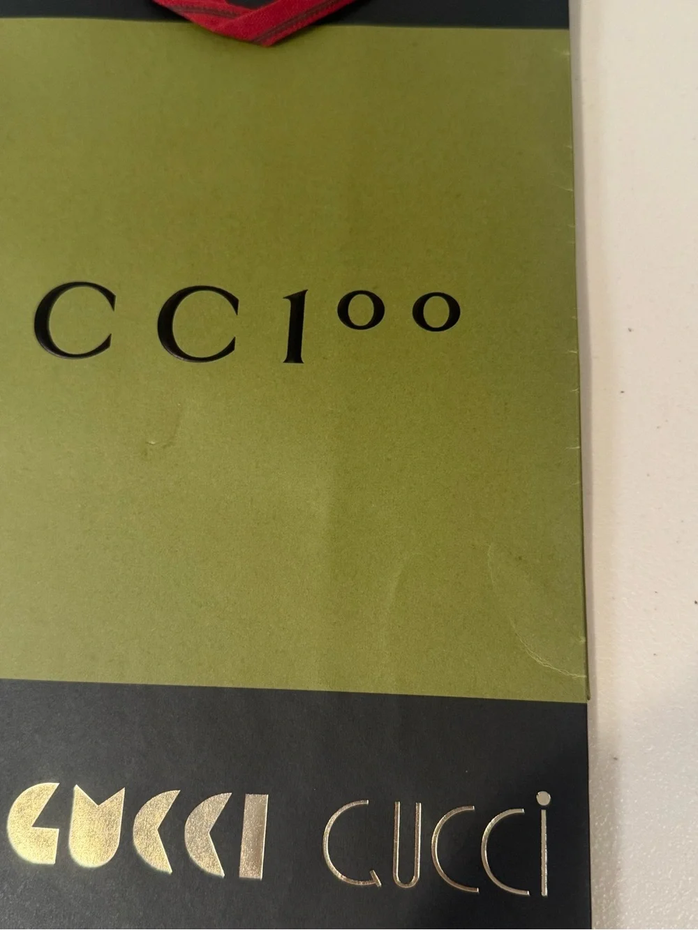 Gucci 100 Shopping Bag Olive & Black Gift Bag with Red Ribbon Handles
